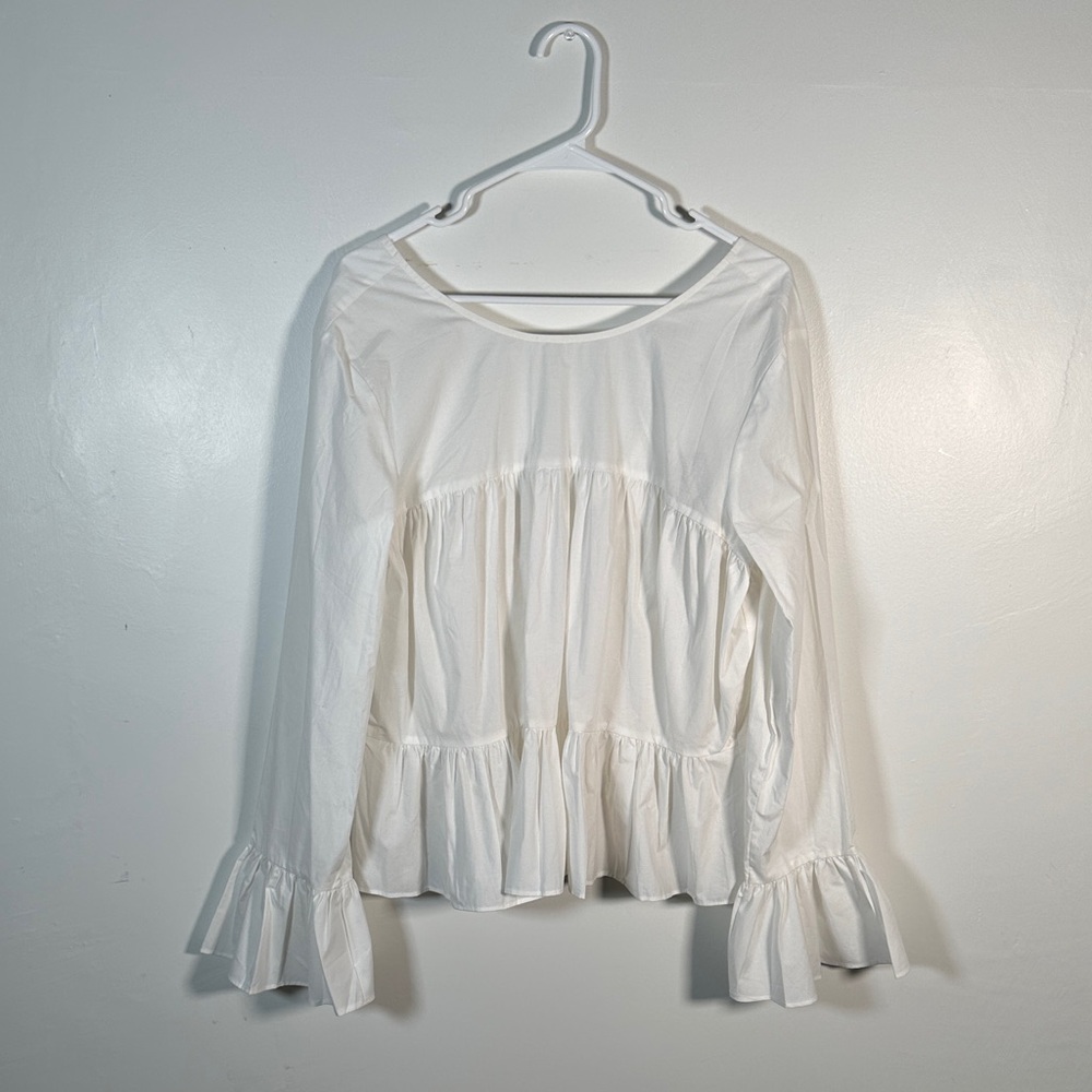 Express White Cotton Peplum Blouse L Boho Tie Back Ruffle Sleeve Top Chic